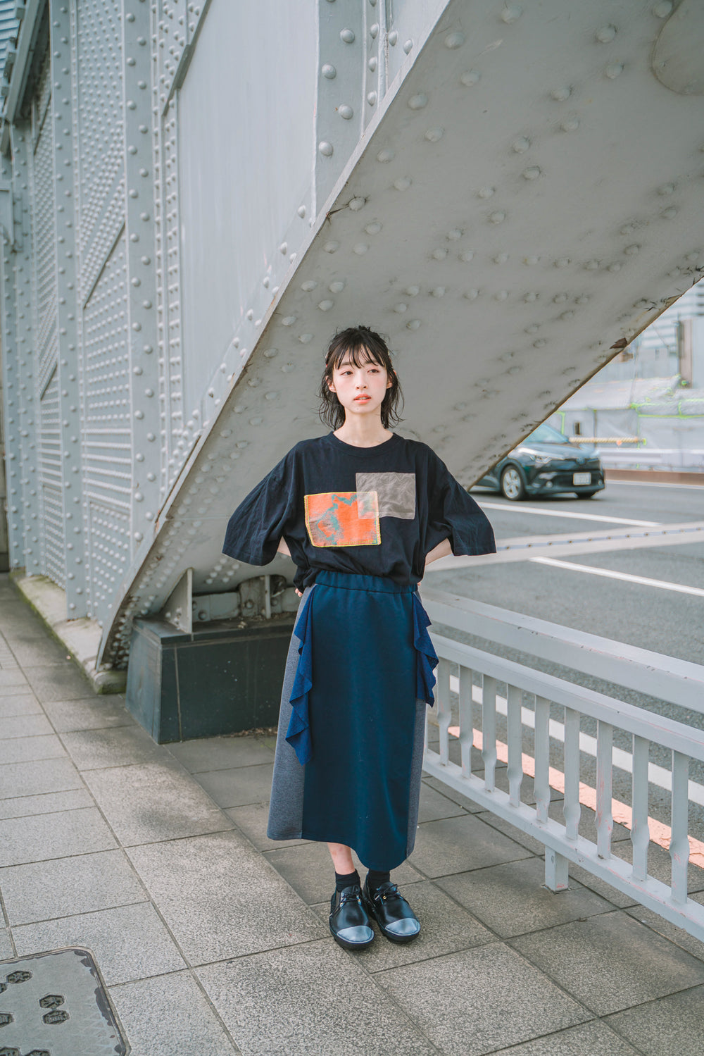 バイカラースカート col:ネイビー