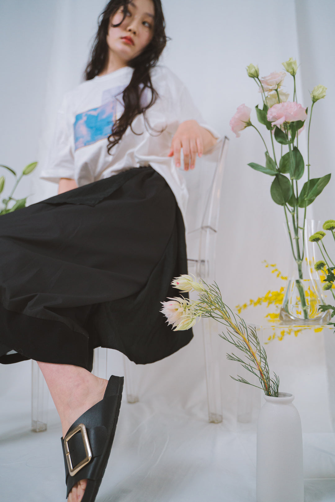 -PETAL-　異素材MIXスカート　col:ブラック