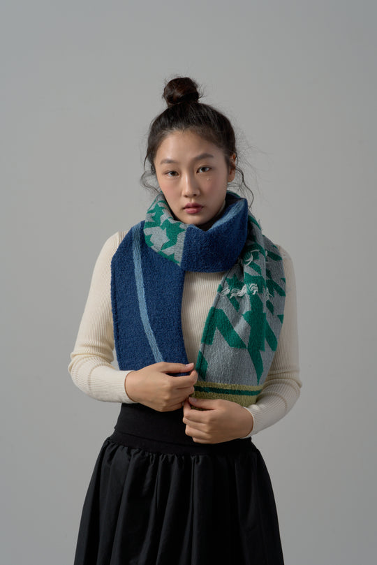 -CHIDORI-　ウールカットジャカードストール　col:グリーン