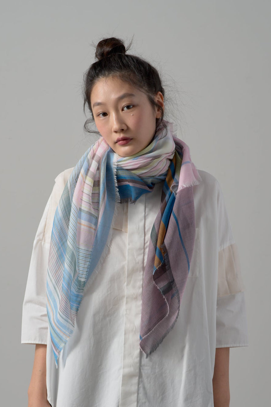 極細コットン播州織ストール　Mサイズ　col:マルチカラー ピンク(TRI)