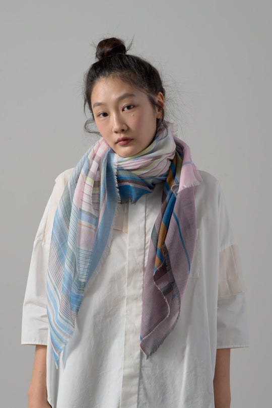 極細コットン播州織ストール　Mサイズ　col:マルチカラー ピンク(TRI)