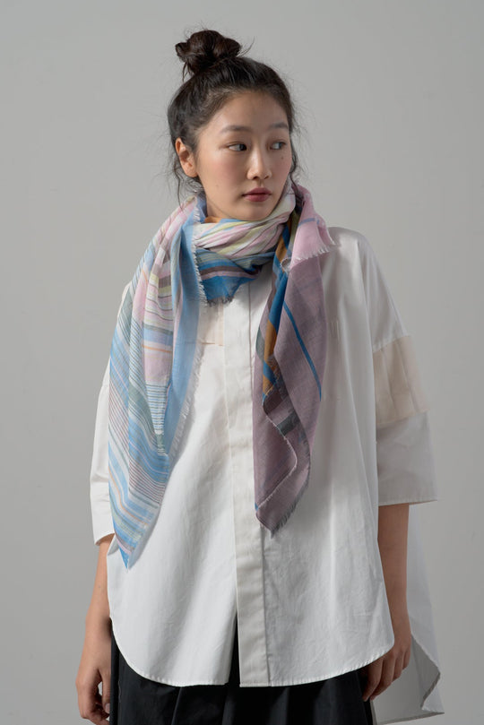 極細コットン播州織ストール　Mサイズ　col:マルチカラー ピンク(TRI)