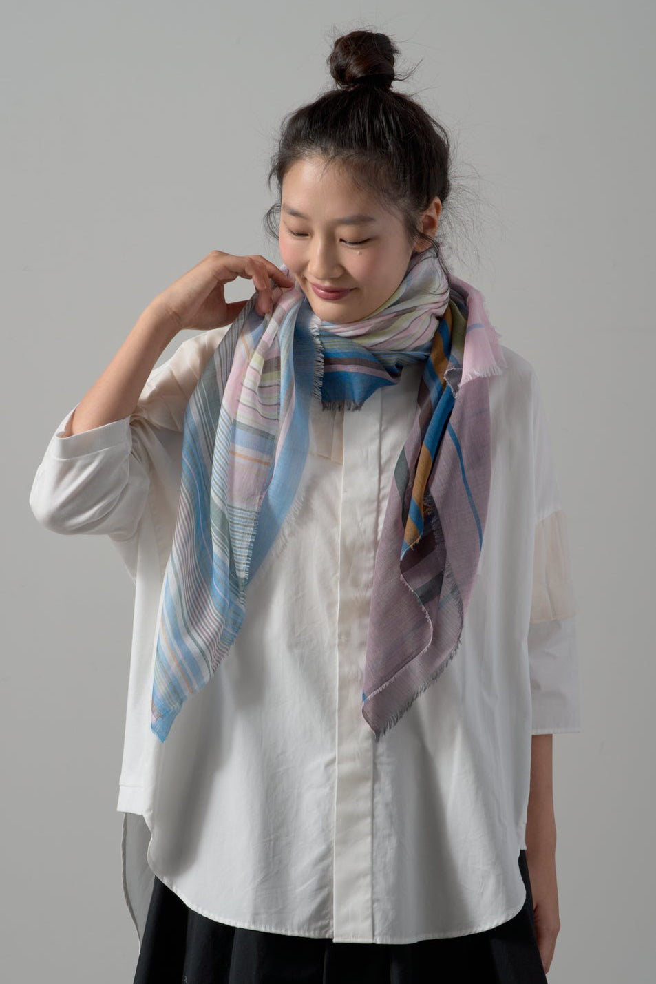 極細コットン播州織ストール　Mサイズ　col:マルチカラー ピンク(TRI)