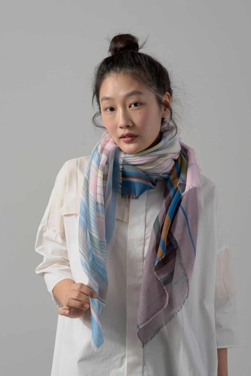 極細コットン播州織ストール　Mサイズ　col:マルチカラー ピンク(TRI)