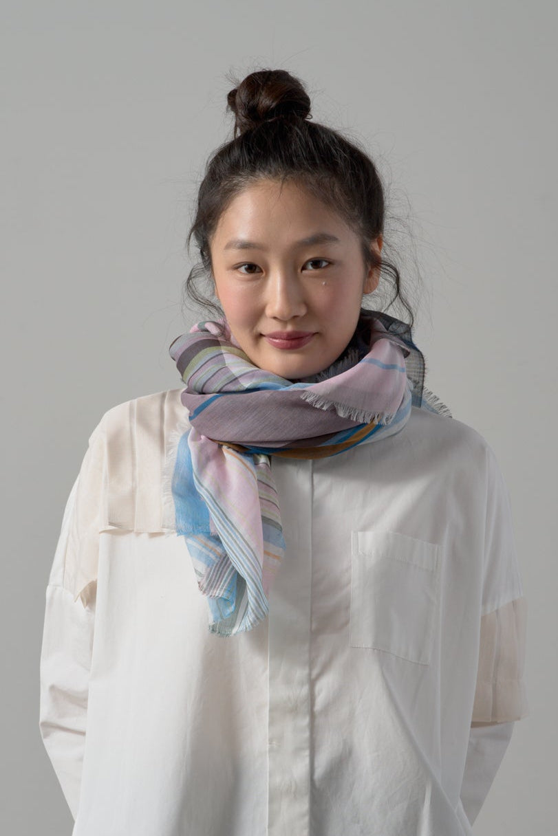 極細コットン播州織ストール　Mサイズ　col:マルチカラー ピンク(TRI)