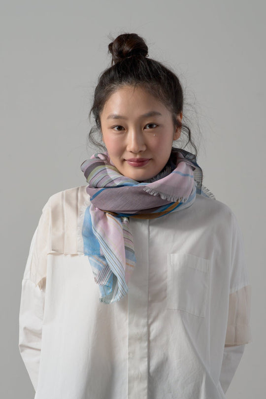 極細コットン播州織ストール　Mサイズ　col:マルチカラー ピンク(TRI)