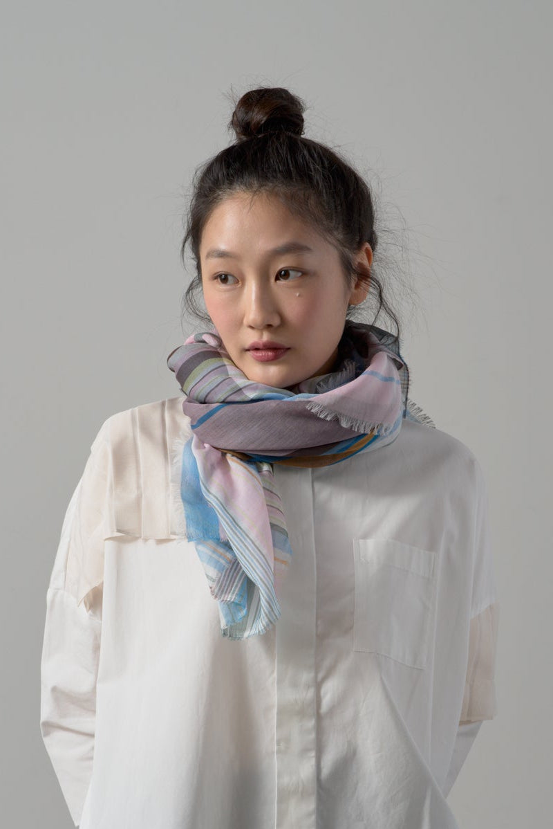 極細コットン播州織ストール　Mサイズ　col:マルチカラー ピンク(TRI)