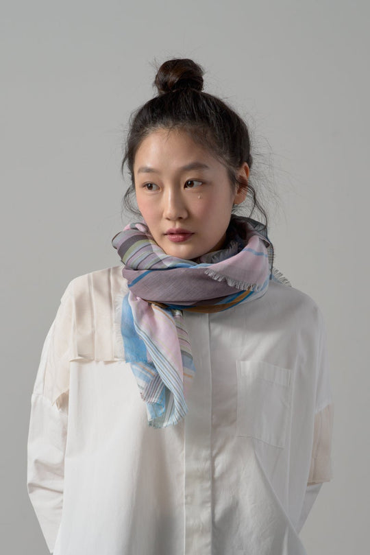 極細コットン播州織ストール　Mサイズ　col:マルチカラー ピンク(TRI)