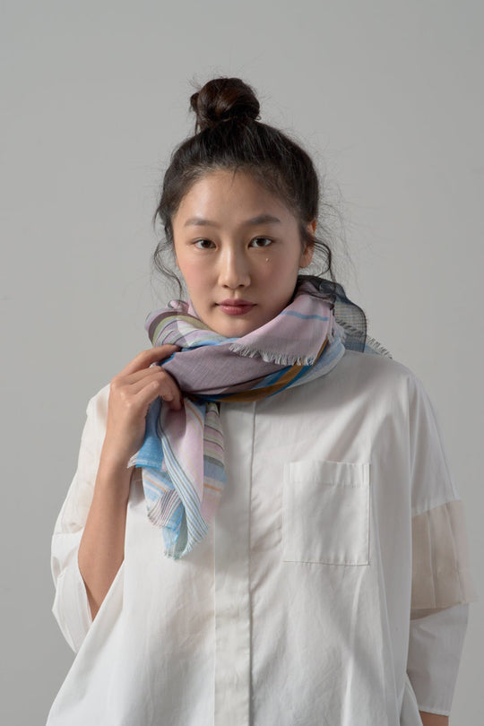 極細コットン播州織ストール　Mサイズ　col:マルチカラー ピンク(TRI)