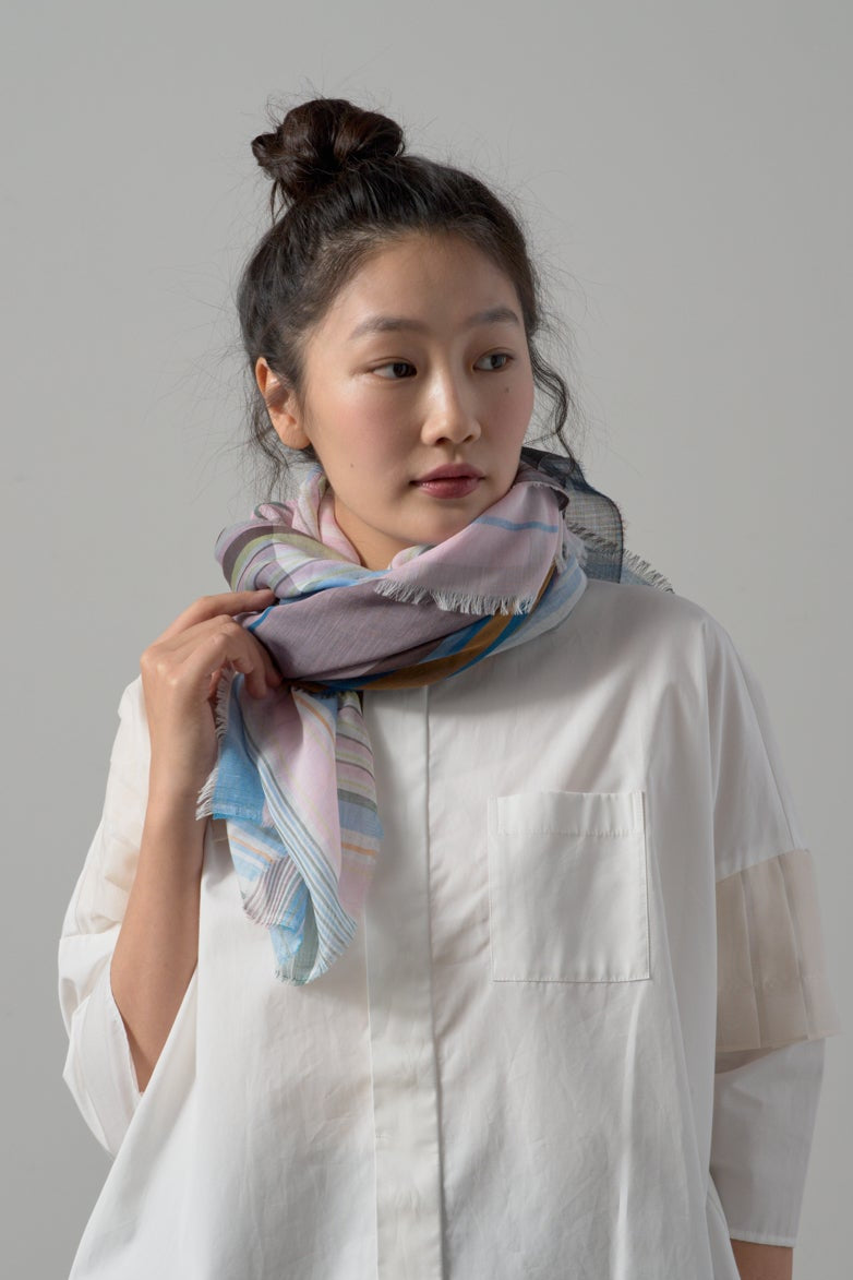 極細コットン播州織ストール　Mサイズ　col:マルチカラー ピンク(TRI)